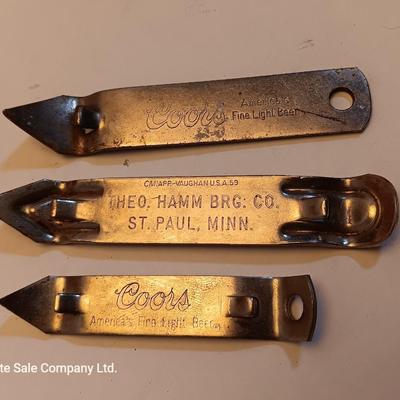 Velvet tobacco metal tins with Coors pottery ashtray and metal can openers