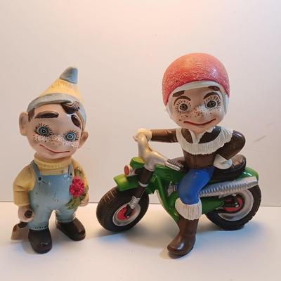 Vintage Atlantic Mold company Boy on motorbike and boy planting flowers
