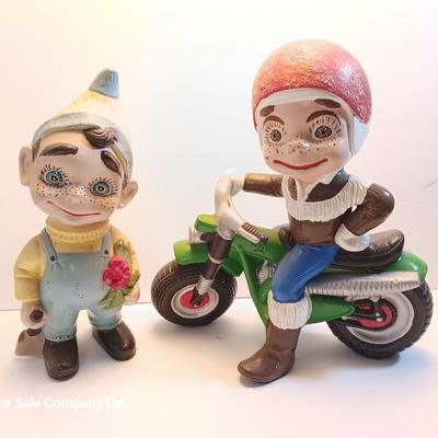 Vintage Atlantic Mold company Boy on motorbike and boy planting flowers