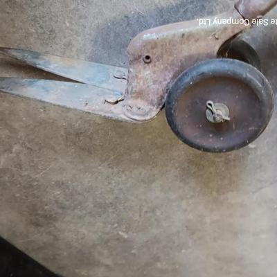Antique canvas heavy duty fertilizer and seed Co, spreader and other Antique yard tools