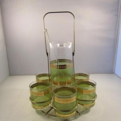 Vintage MCM Martini Set- 6 Glasses, Pitcher, and Stir with Metal Caddy