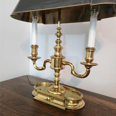 Heavy Brass Bouillotte Desk Lamp w Tole Shade