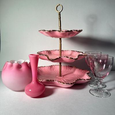 LOT 5F: Vintage Pink Glass Collection - California Pottery 3 tier Tidbit Tray, Rose Bowl, Vase & More