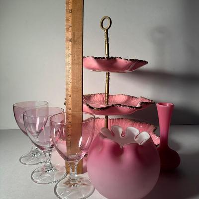 LOT 5F: Vintage Pink Glass Collection - California Pottery 3 tier Tidbit Tray, Rose Bowl, Vase & More