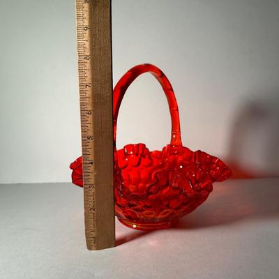 LOT 8F: Vintage Fenton Ruby Red 8â€ Crimped Edge Thumbprint Glass Basket