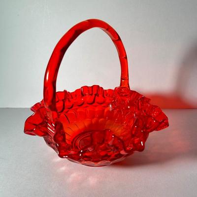 LOT 8F: Vintage Fenton Ruby Red 8â€ Crimped Edge Thumbprint Glass Basket