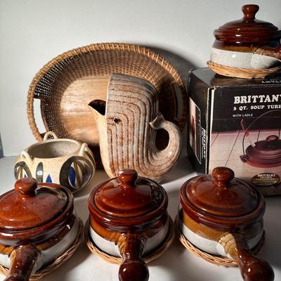 LOT 18F: Brittany Stoneware Crocks, Soup Tureen, Ceramic Whale Pitcher & More
