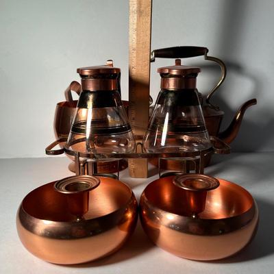 LOT 23L: Vintage Copper Collection - Inland Waffle Set Twin Hot Syrup Warmers w/ Tea Kettle & More