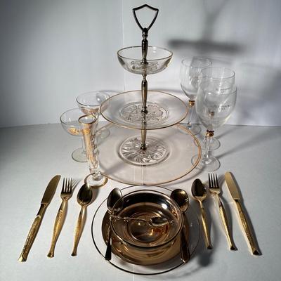 LOT 35L: Gold Rimed Crystal 3 Tier Serving Tray w/ Gold Leaf Champagne Glass, Vase, Silverware & More
