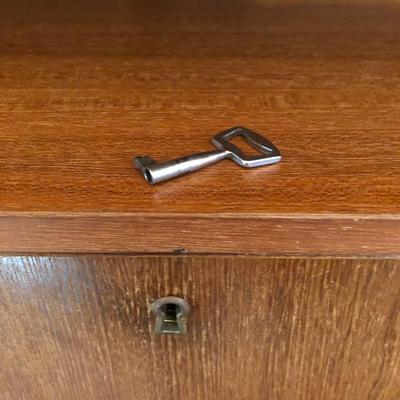LOT 91D: Vintage/Mid-Century Modern Wooden Drop Front Desk w/ Key & Shelving