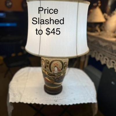 Rare Antique Satsuma Lamp Asian Figures 
Listed elsewhere for 100s 
New silk shade Dual socket 
