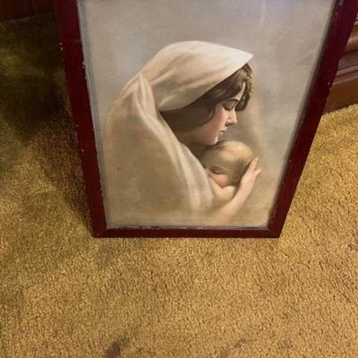 Vintage early colored Mother and baby Litho print 