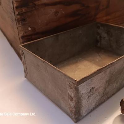 Antique wooden box with two metal boxes some old bottles and a vintage hay hook