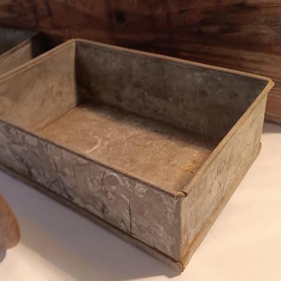 Antique wooden box with two metal boxes some old bottles and a vintage hay hook