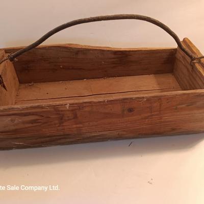Antique wooden box with two metal boxes some old bottles and a vintage hay hook