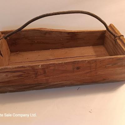 Antique wooden box with two metal boxes some old bottles and a vintage hay hook
