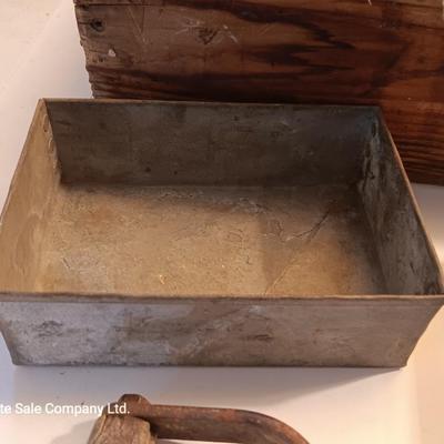 Antique wooden box with two metal boxes some old bottles and a vintage hay hook