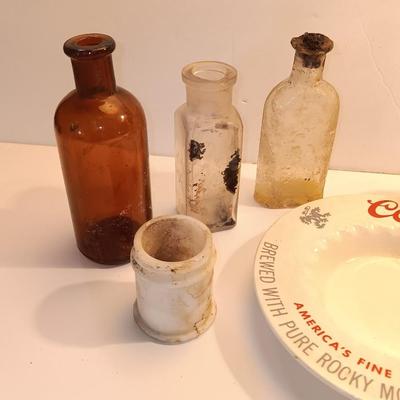 Antique bottles - Coors pottery ashtray and metal can openers