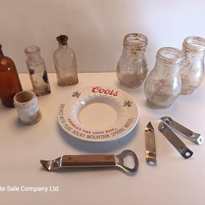 Antique bottles - Coors pottery ashtray and metal can openers