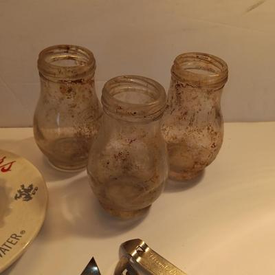 Antique bottles - Coors pottery ashtray and metal can openers