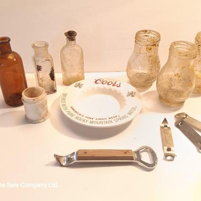 Antique bottles - Coors pottery ashtray and metal can openers