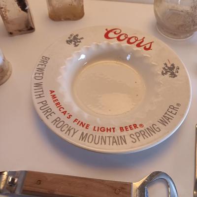 Antique bottles - Coors pottery ashtray and metal can openers