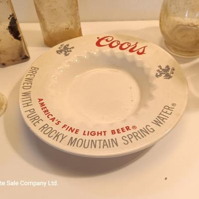 Antique bottles - Coors pottery ashtray and metal can openers