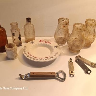 Antique bottles - Coors pottery ashtray and metal can openers