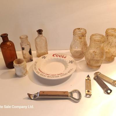 Antique bottles - Coors pottery ashtray and metal can openers