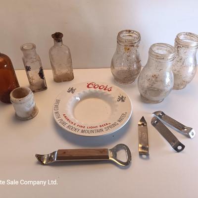 Antique bottles - Coors pottery ashtray and metal can openers