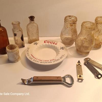 Antique bottles - Coors pottery ashtray and metal can openers
