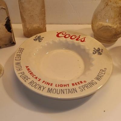 Antique bottles - Coors pottery ashtray and metal can openers