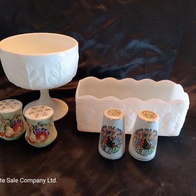 Milk glass dishware and salt & pepper shakers
