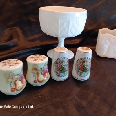 Milk glass dishware and salt & pepper shakers