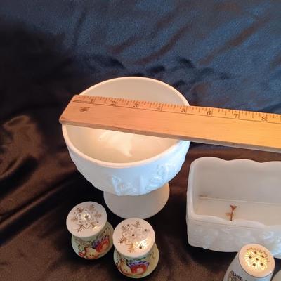 Milk glass dishware and salt & pepper shakers