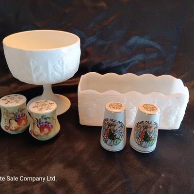 Milk glass dishware and salt & pepper shakers