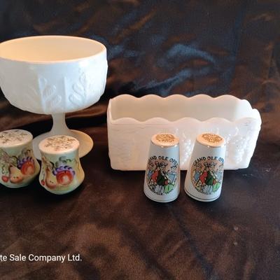 Milk glass dishware and salt & pepper shakers