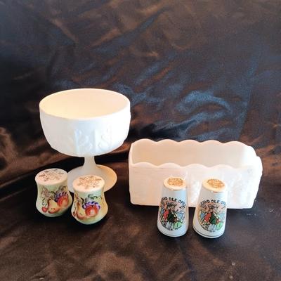 Milk glass dishware and salt & pepper shakers