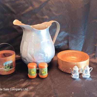 Vintage aluminum water pitcher with salt & pepper shakers and more