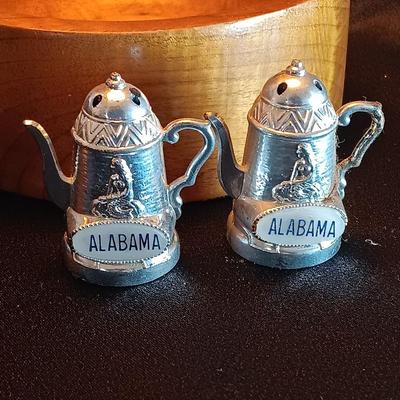 Vintage aluminum water pitcher with salt & pepper shakers and more
