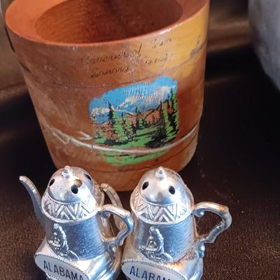Vintage aluminum water pitcher with salt & pepper shakers and more