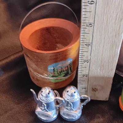 Vintage aluminum water pitcher with salt & pepper shakers and more