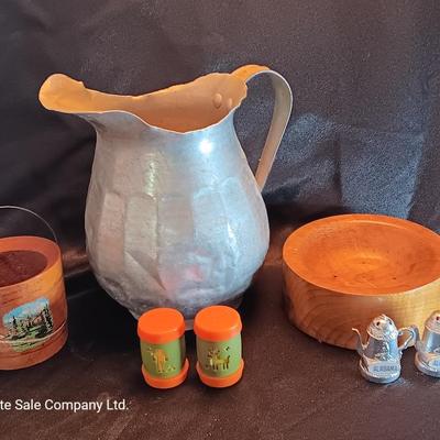 Vintage aluminum water pitcher with salt & pepper shakers and more