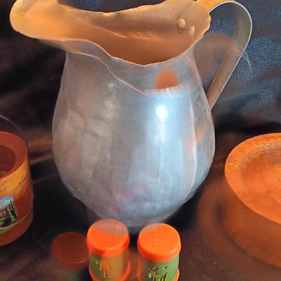 Vintage aluminum water pitcher with salt & pepper shakers and more