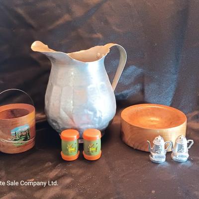 Vintage aluminum water pitcher with salt & pepper shakers and more
