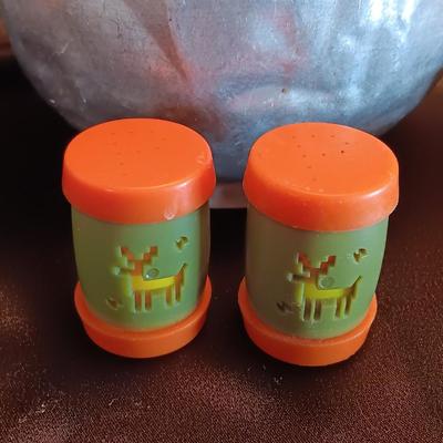 Vintage aluminum water pitcher with salt & pepper shakers and more