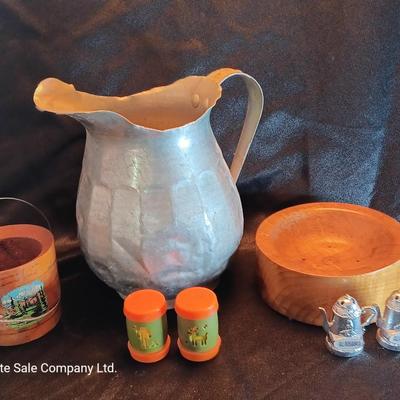 Vintage aluminum water pitcher with salt & pepper shakers and more