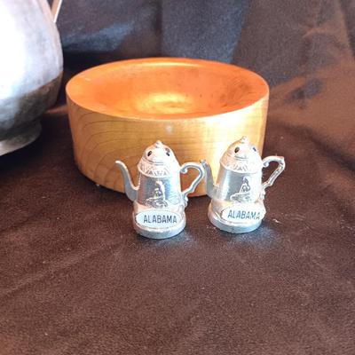 Vintage aluminum water pitcher with salt & pepper shakers and more