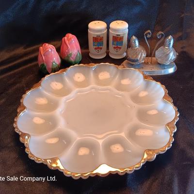 Milk glass egg dish, salt & pepper shakers and more