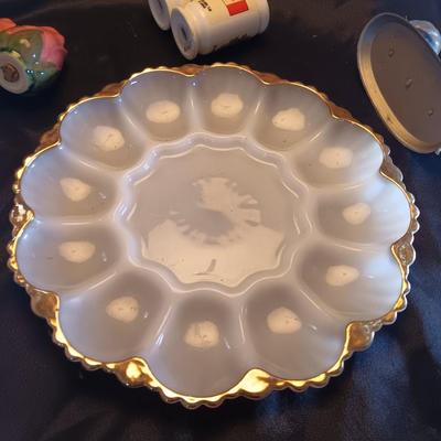 Milk glass egg dish, salt & pepper shakers and more